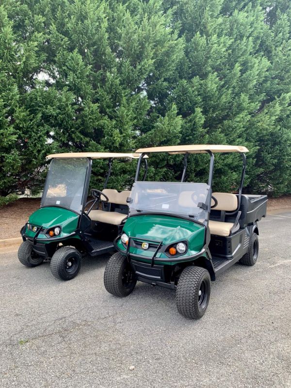 Two green golf carts with beige roofs and seats are parked on a paved surface in front of tall green bushes.