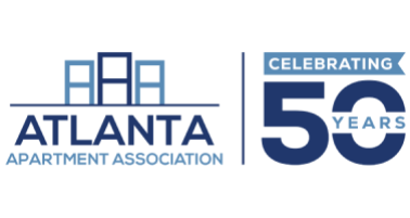 Atlanta Apartment Association logo with a stylized building icon and text stating “Celebrating 50 Years” on the right.
