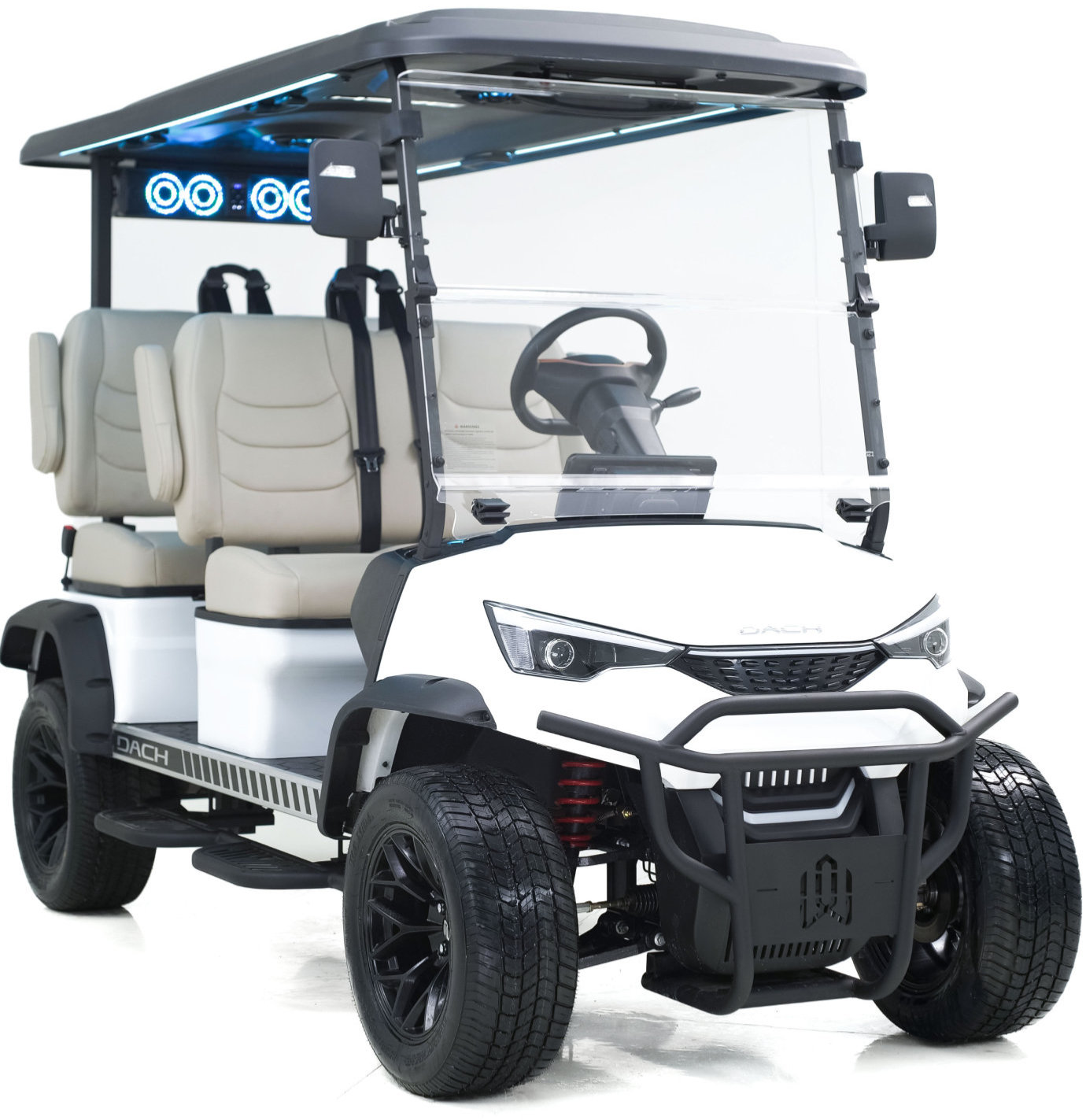 A white electric golf cart with black trim and four beige seats, shown from the front left angle on a white background.