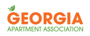 Logo for the Georgia Apartment Association with "GEORGIA" in orange, a green leaf above the "G," and "APARTMENT ASSOCIATION" in green below.