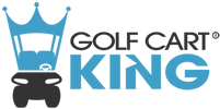 Logo for "Golf Cart King" featuring a blue crown above a stylized golf cart icon, with the business name in black and blue text to the right.
